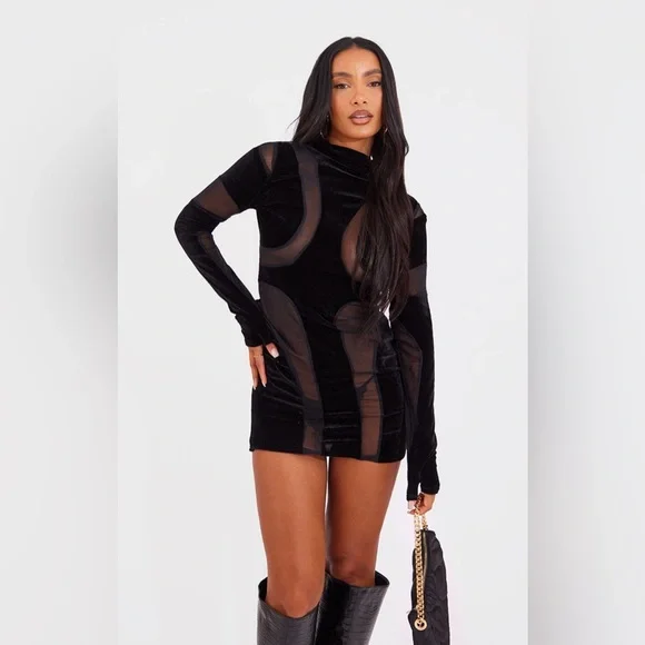 knee length dresses for ladies Miss Circle Women Ashton Off Shoulder Velvet Long Sleeve Bodycon Dress